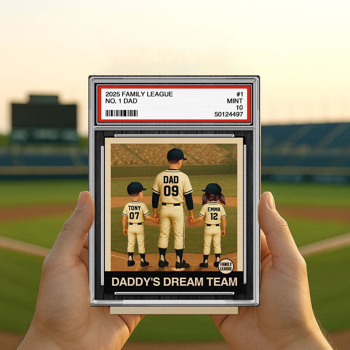 Baseball No. 1 Dad Man & Kids Trading Card Style Personalized 2-Layer Standing Wooden Plaque