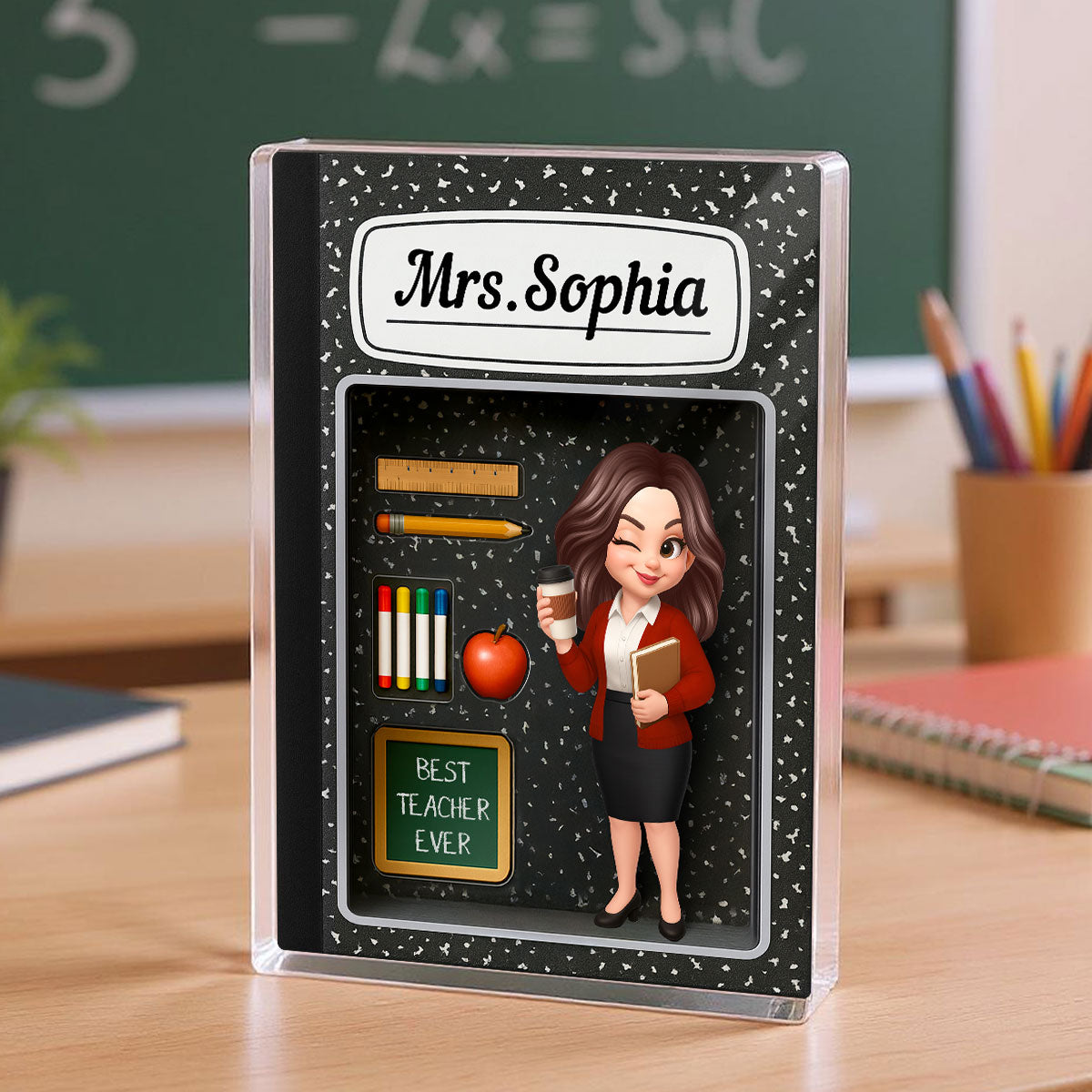 Teacher Inside Composition Book Pattern Box 3D Effect Personalized Acrylic Block, Back To School Gift