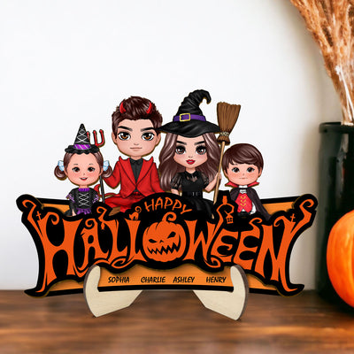Happy Halloween Jack O Lantern Spooky, Family Sitting - Personalized 2-Layered Wooden Plaque