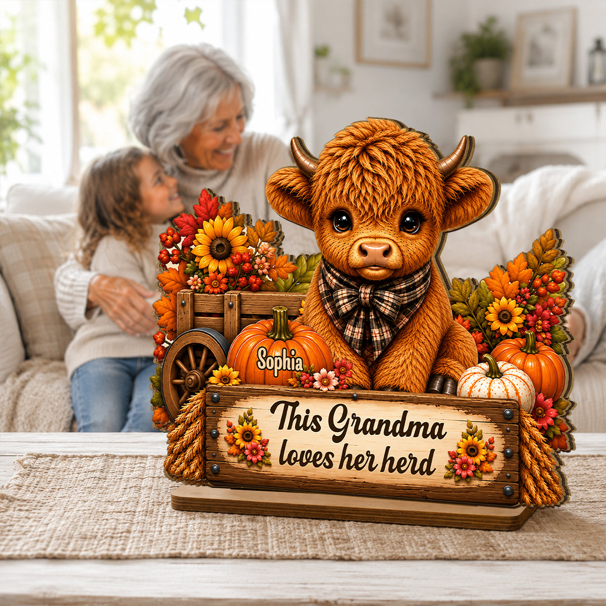 Grandma Loves Her Herd Autumn Leopard - Personalized 2-Layered Wooden Plaque - Fall Season Decor Gift, Gift For Grandma