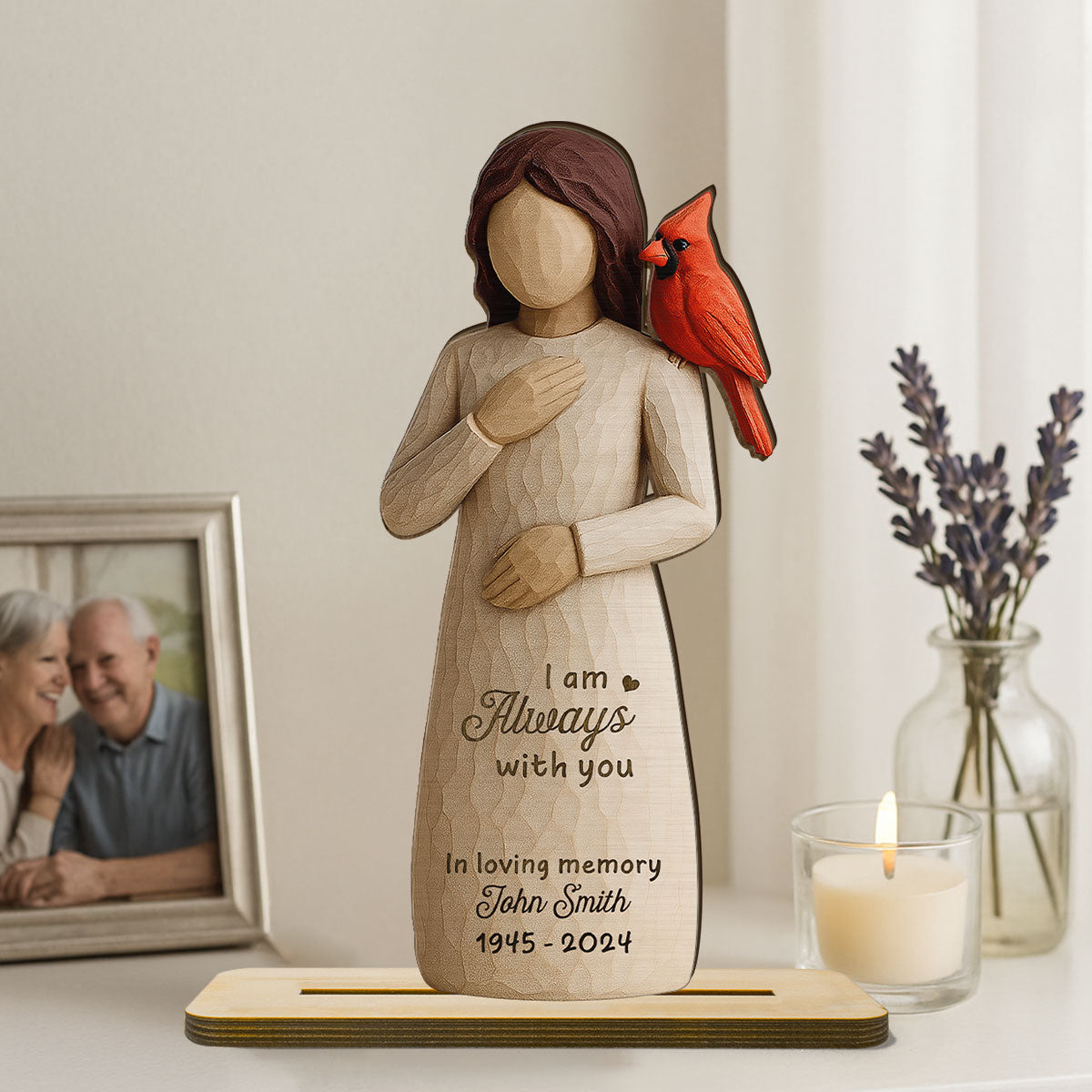 Always With You Cardinal & Woman 3D Effect Personalized Standing Wooden Plaque, Memorial Sympathy Gift
