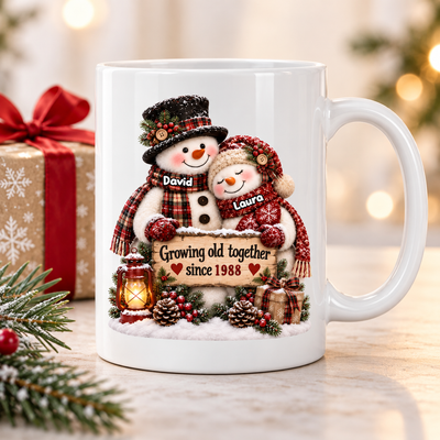 Snowman Couple Hugging Growing Old Together - Personalized Mug - Heartfelt Christmas Gift for Her, for Him