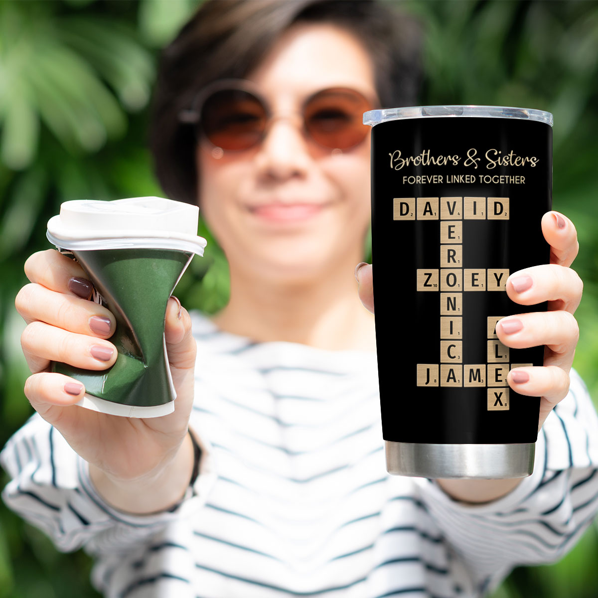 Brothers & Sisters Forever Linked Together Crossword Puzzle Art Personalized Tumbler, Gift For Brothers, Sisters, Siblings, Family