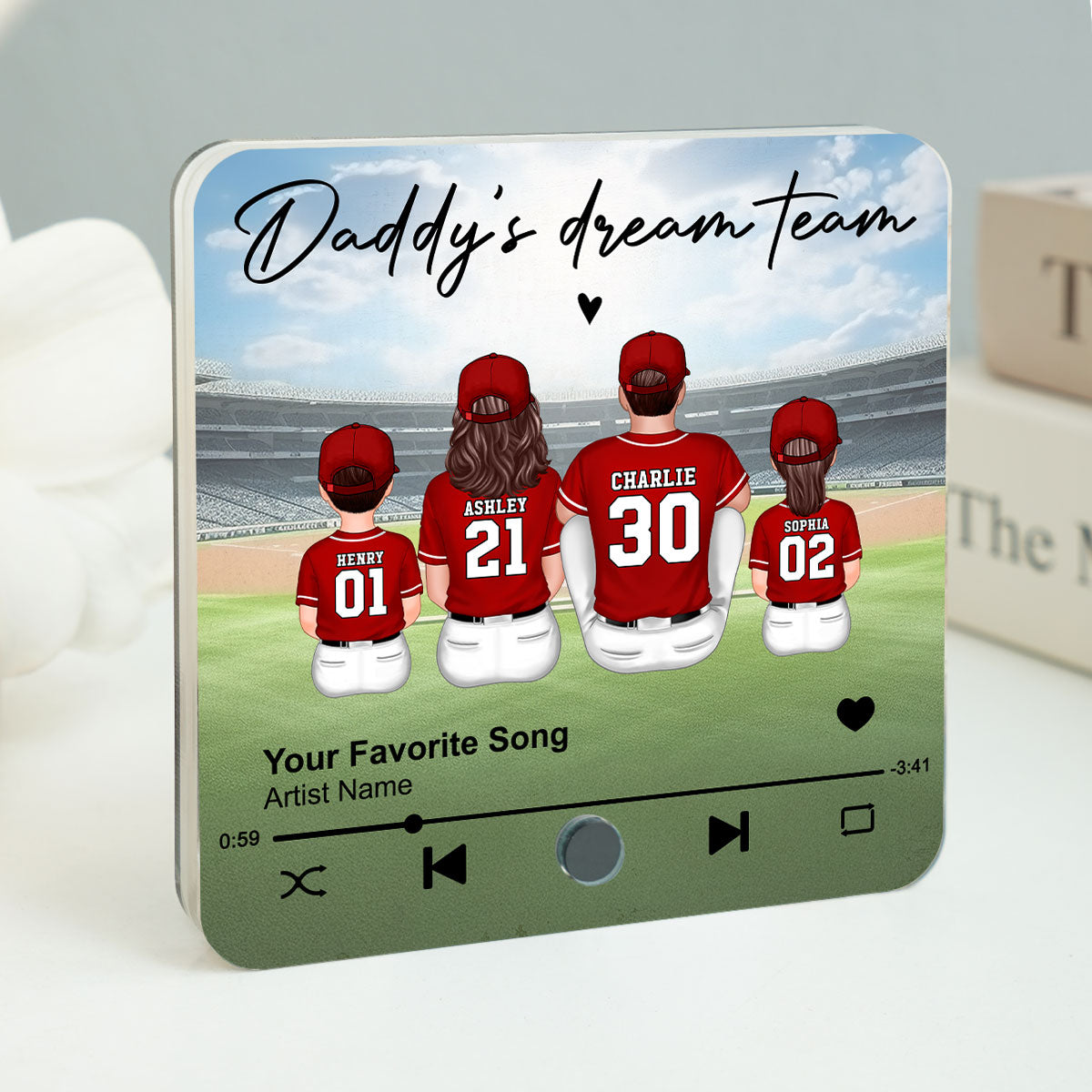 Daddy's Team Baseball Family Sitting Personalized Personalized Music Fridge Magnet, Heartfelt Gift For Dad