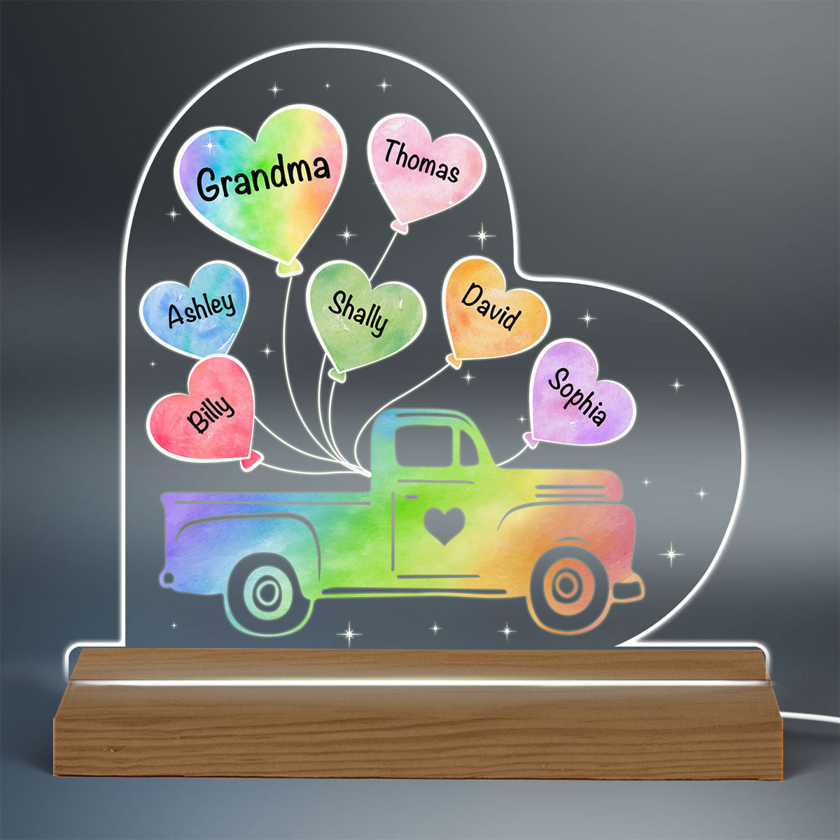 Mom Grandma Truck Watercolor Heart Balloon Personalized Custom Shape Acrylic LED Night Light