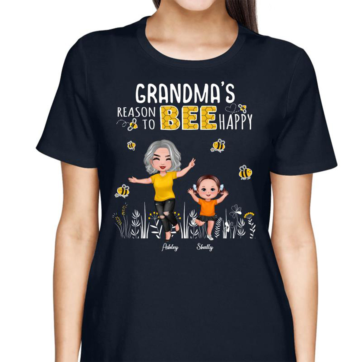 Reasons Bee Happy Doll Grandma & Grandkids Personalized Dark Shirt
