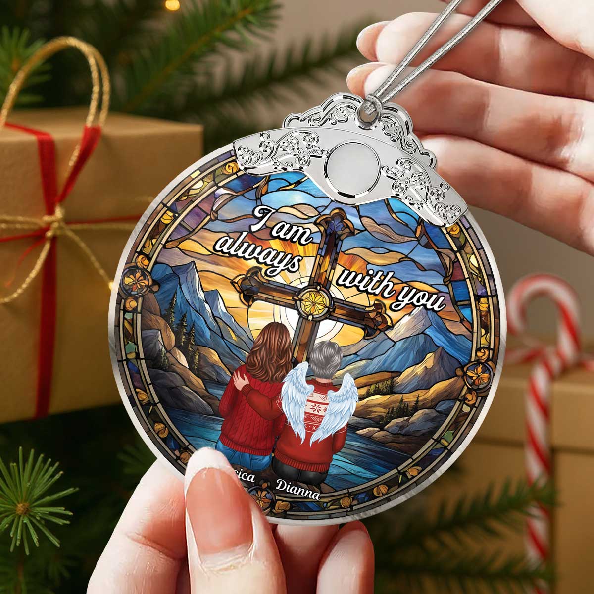 Always With You Holy Cross Stained Glass Effect - Personalized Glass Ornament With Silver Cap - Christmas Memorial Keepsake For Family