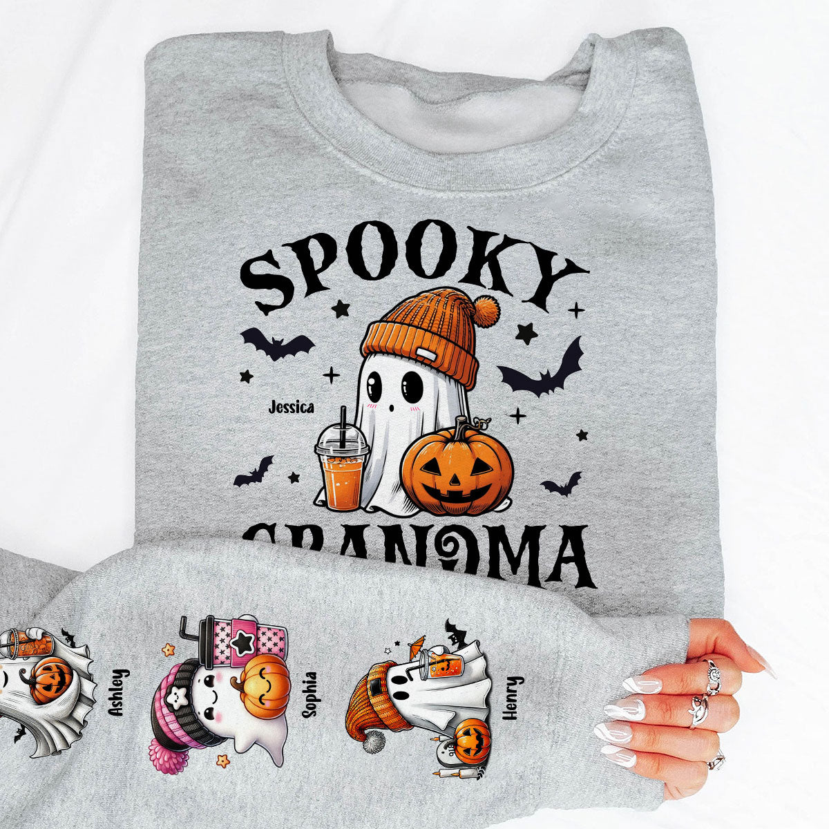 Halloween Grandma Mom Cute Boo Personalized Sleeve Printed Sweatshirt