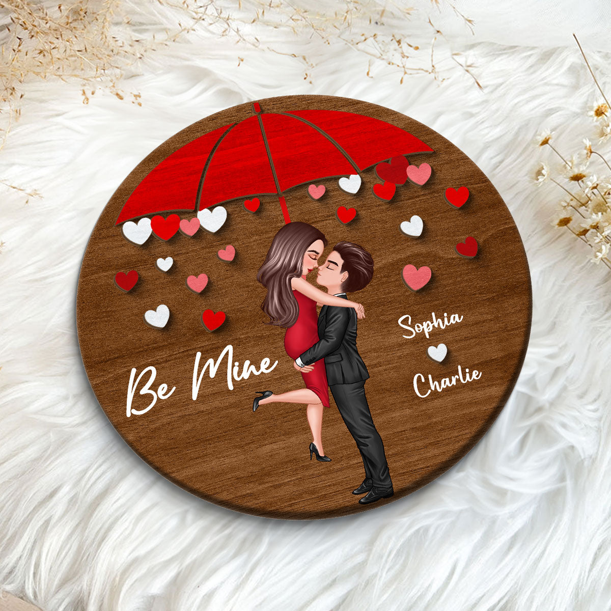 Couple Hugging Kissing Under Umbrella Valentine‘s Day Gift Personalized 2-layer Wooden Plaque