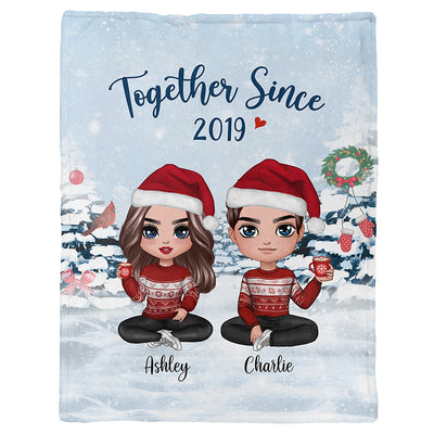 Christmas Doll Couple Sitting Gift For Him For Her Personalized Fleece Blanket