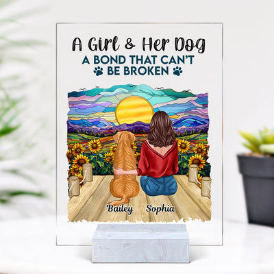 Girl & Dog Bond Cannot Be Broken Sunflower Stained Glass Effect Personalized Acrylic Plaque