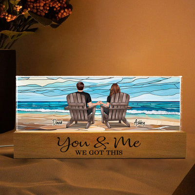 Couple Sitting At Beach Landscape Stained Glass Personalized Acrylic Block LED Night Light