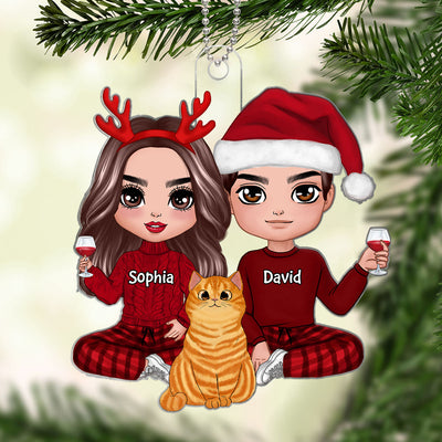 Doll Couple Sitting With Fluffy Cats Christmas Personalized Acrylic Ornament