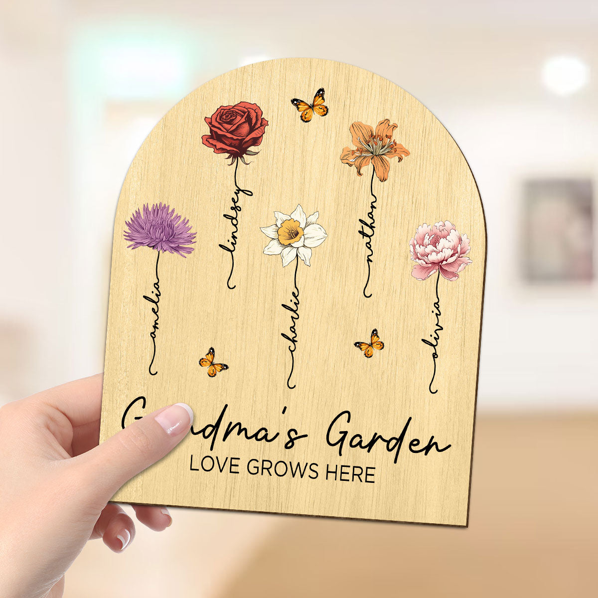 Grandma's Garden Beautiful Birth Month Flowers Dome Shaped Personalized Wooden Plaque