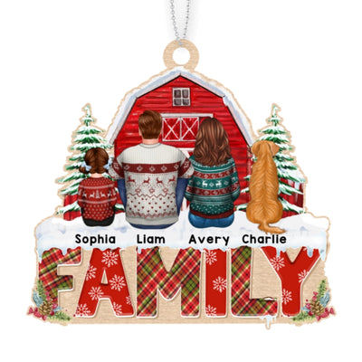 Family Back View Kid Dog Cat Sitting On Word Personalized Wooden Ornament