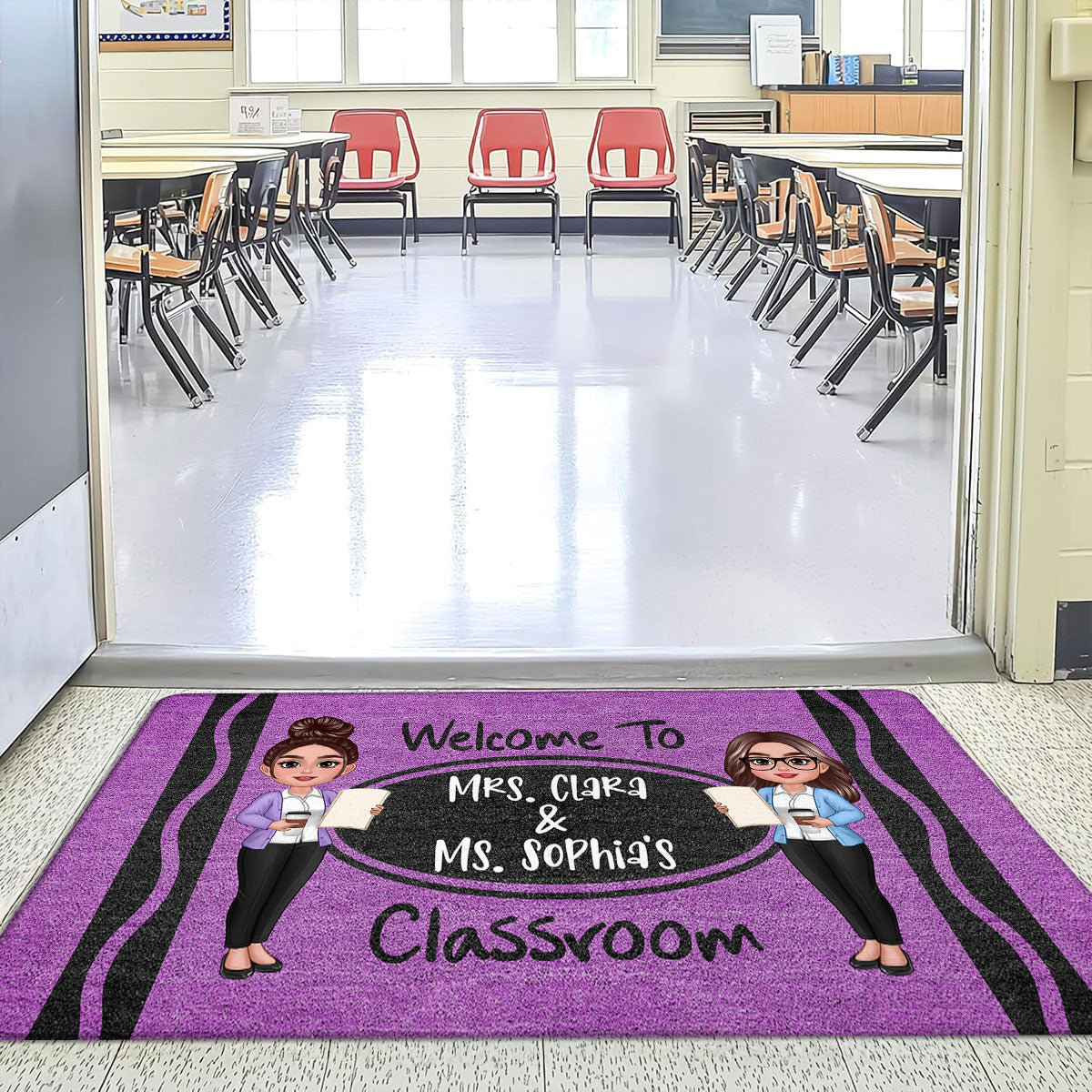 2 Teachers Welcome To Classroom Crayon Pattern Personalized Doormat