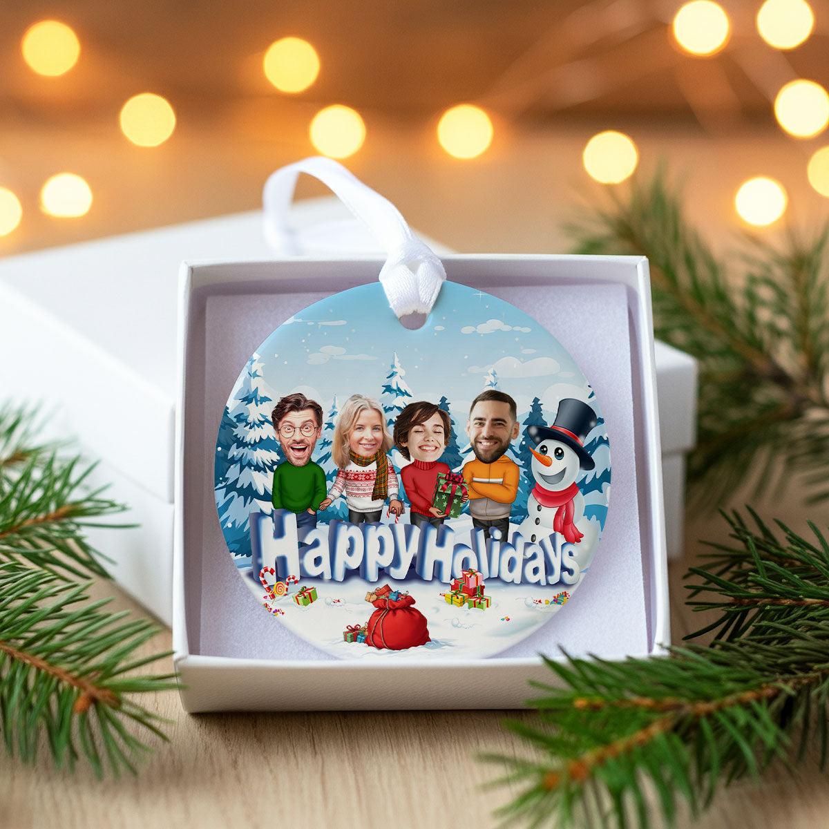 Happy Holiday Funny Family, Custom Photo Ornament, Personalized Family Photo Circle Ceramic Christmas Ornament, Family Keepsake