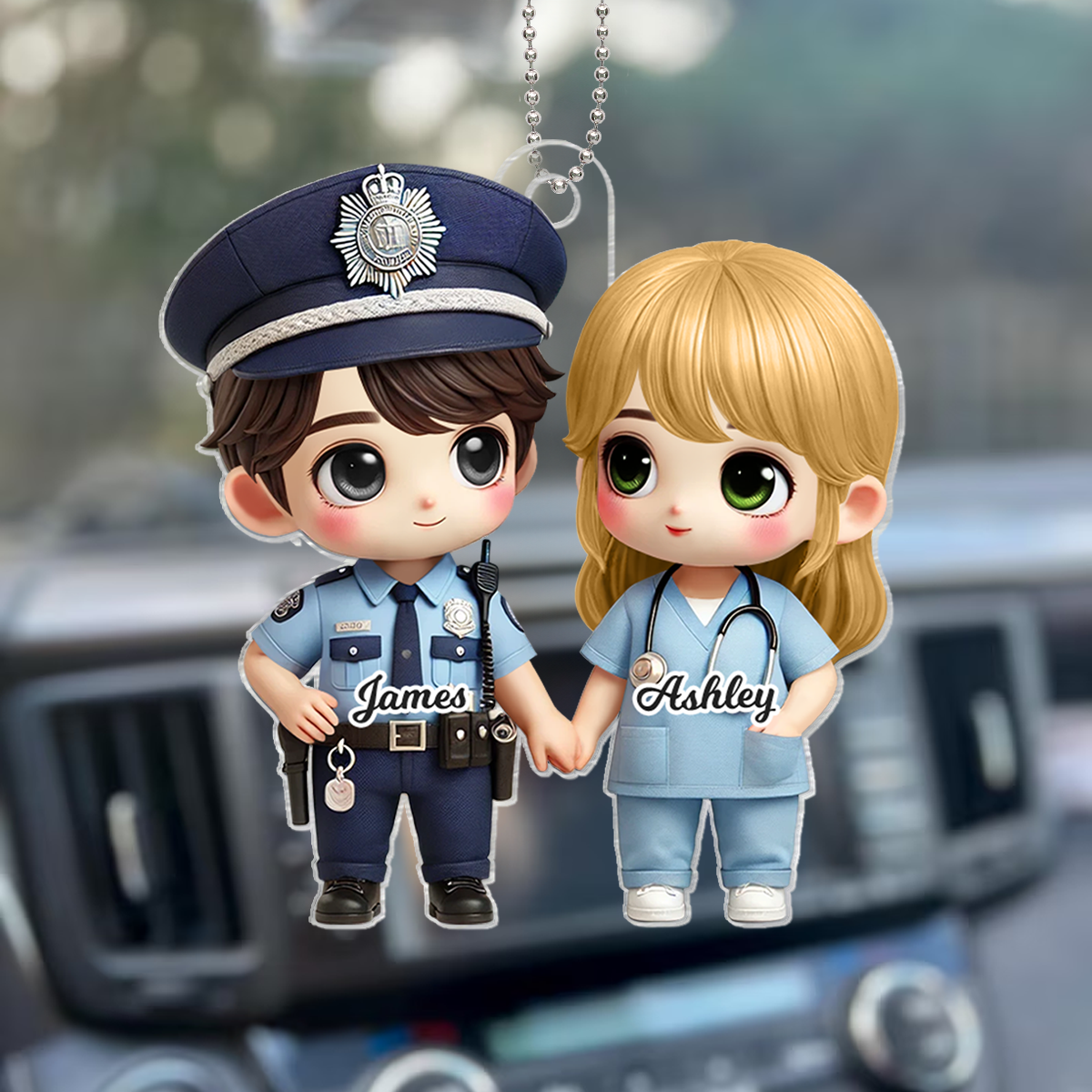 3D Effect Cute Cartoon Couple Gift by Occupation Gift For Her Gift For Him Personalized Acrylic Car Hanger, Anniversary Gift For Couple