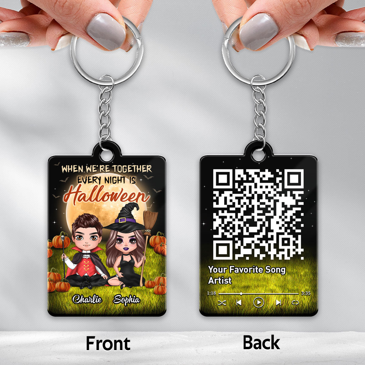 Halloween Night Doll Couple Sitting Favorite Song Scannable QR Code Personalized Acrylic Keychain