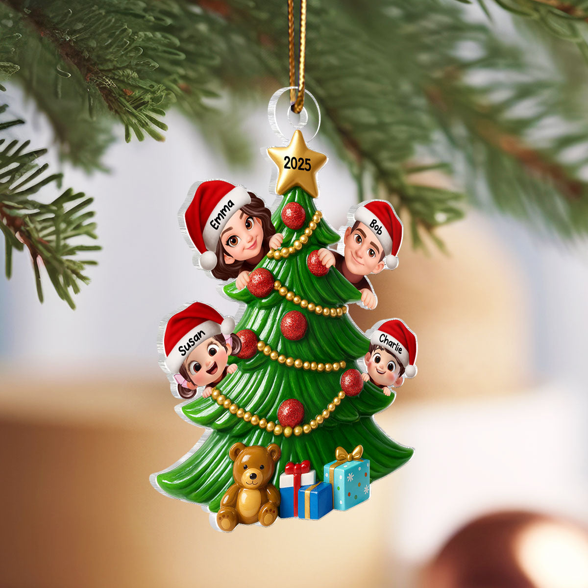 Family Peeking on Christmas Tree Personalized Acrylic Ornament, 2025 Thoughtful Christmas Gift for Family, Husband, Wife