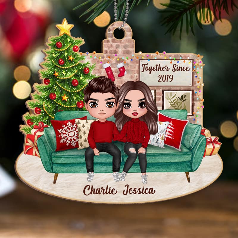 Couple Sitting On Sofa Christmas Personalized Wooden Ornament