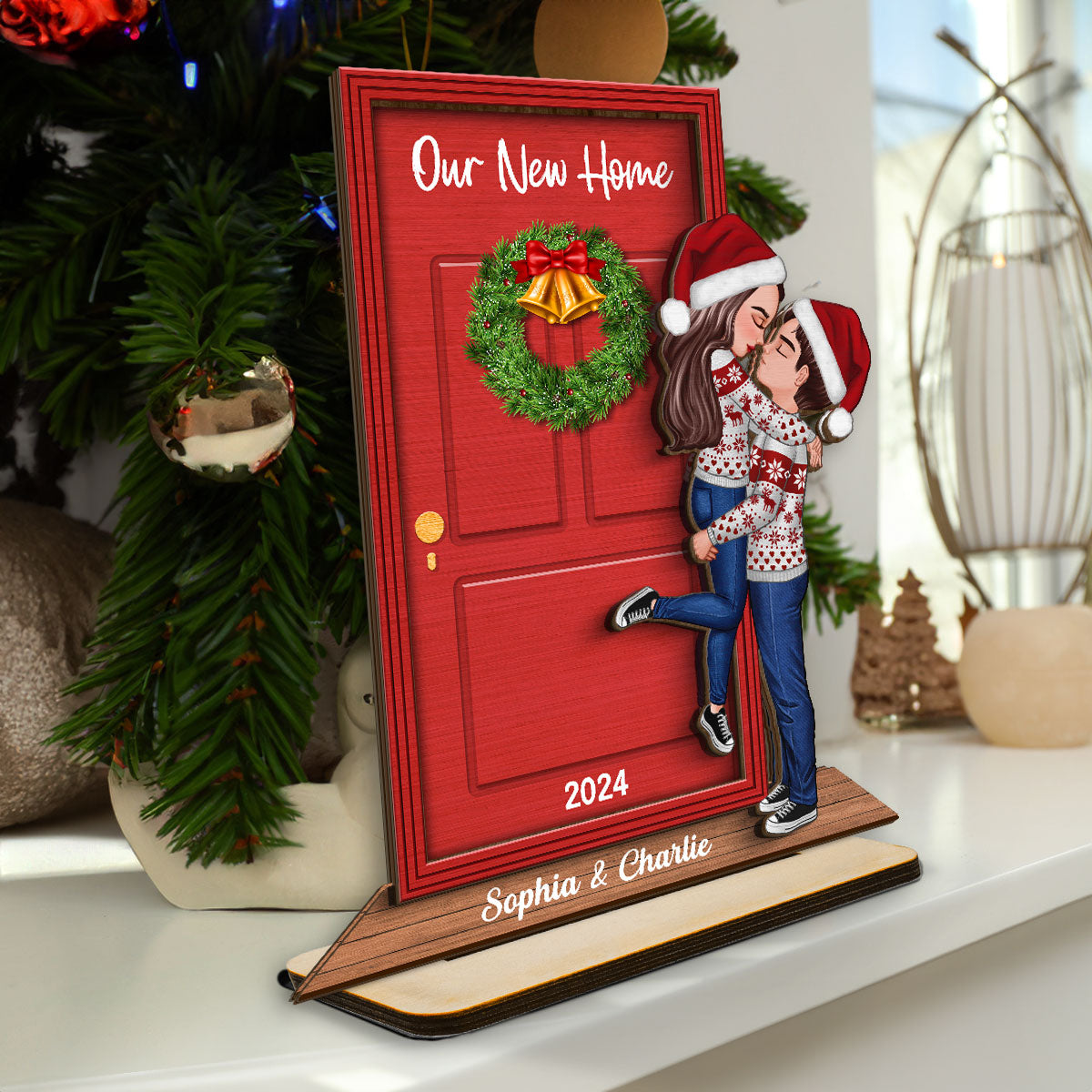 Our New Home Couple Kissing In Front Door Christmas Decor Personalized 2-Layer Standing Wooden Plaque