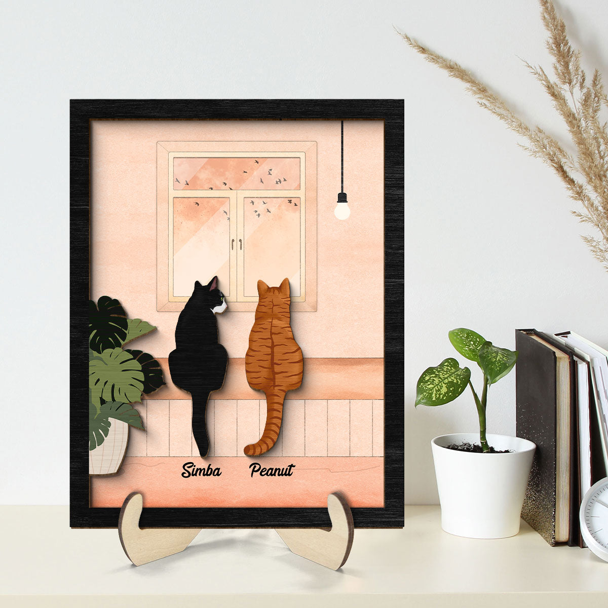 Cat Portrait Print Looking At Birds Outside Window Personalized 2-Layer Wooden Plaque