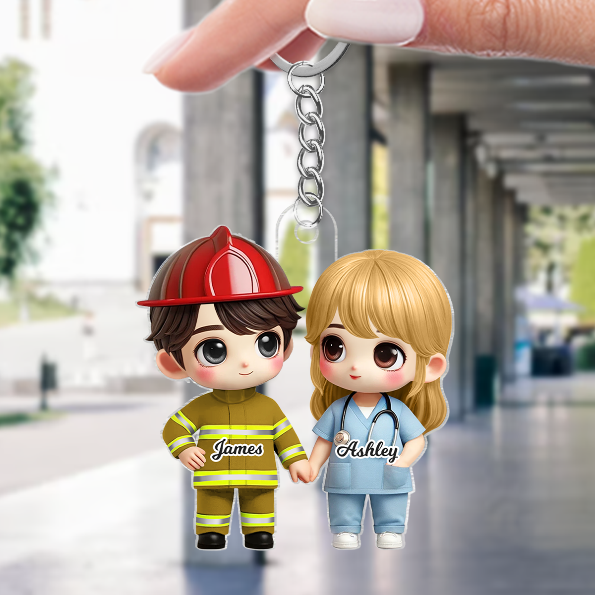 3D Effect Cute Cartoon Couple Gift by Occupation Gift For Her Gift For Him Personalized Acrylic Keychain, Anniversary Gift For Couple