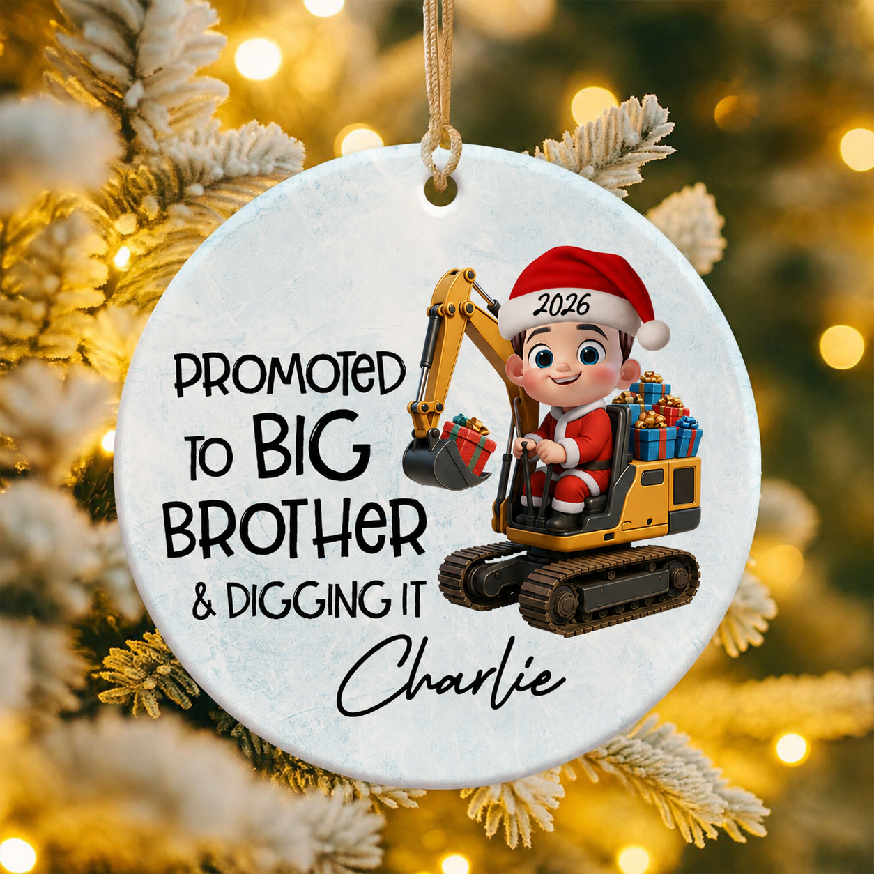 Promoted To Big Brother & Digging It Kid Driving Excavator - Personalized Ceramic Ornament - Proud New Big Brother Gift