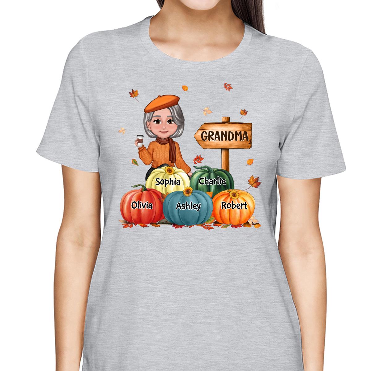 Grandma Mom Sitting In Pumpkin Patch Personalized Shirt