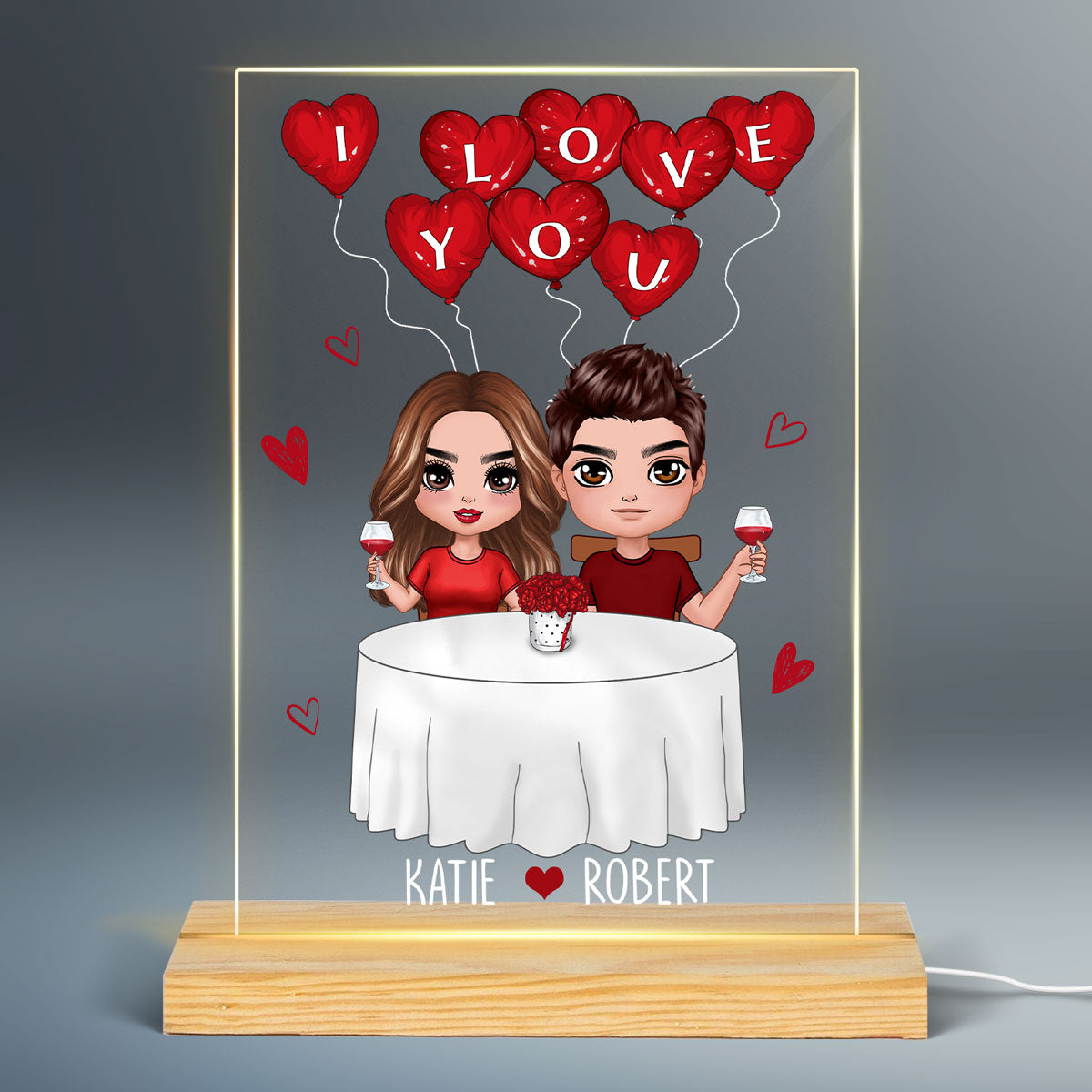 Doll Couple Sitting At Table Personalized Plaque LED Night Light - Gift For Him Gift For Her
