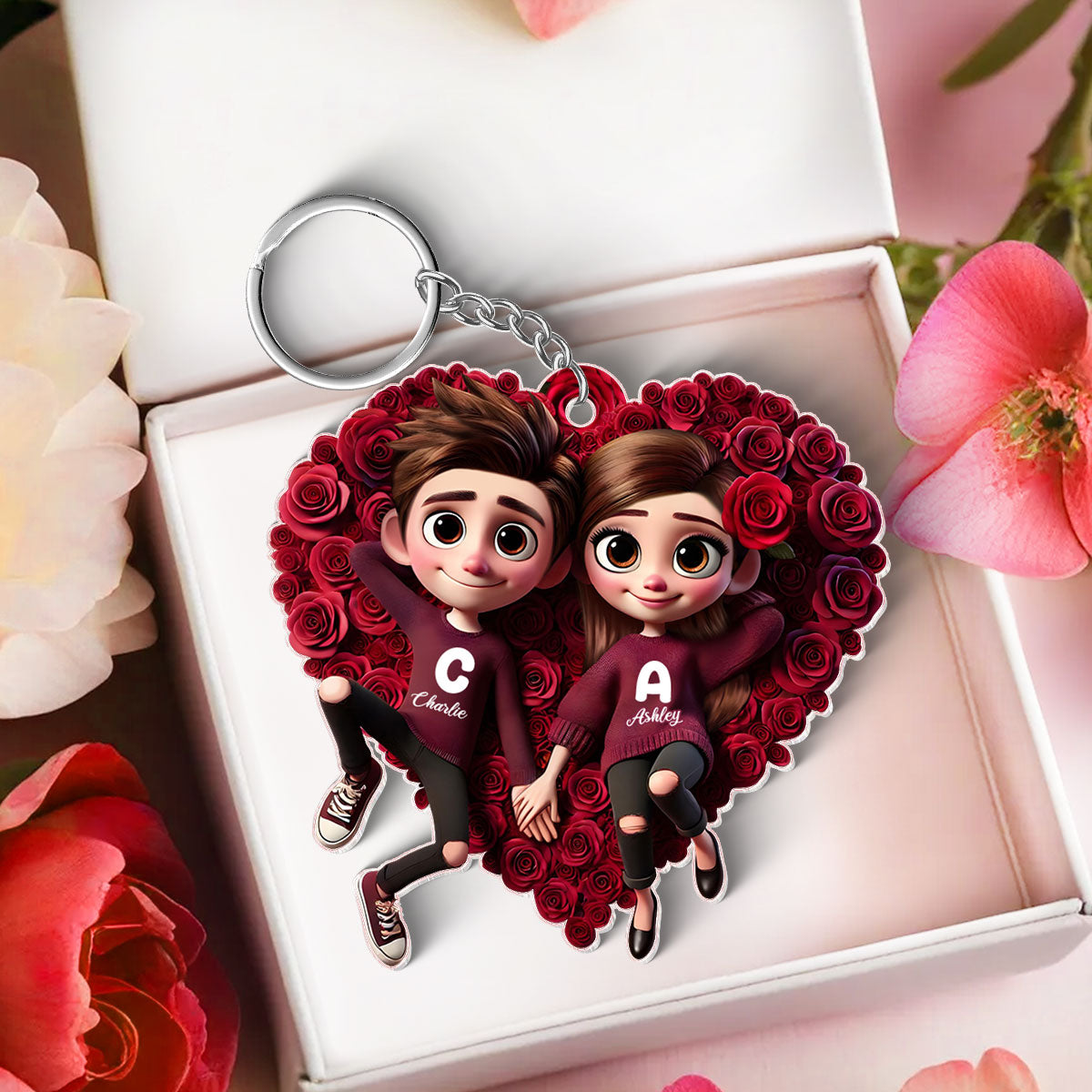 Rose Heart Couple Personalized Acrylic Keychain,  Gift for her, Gift for him