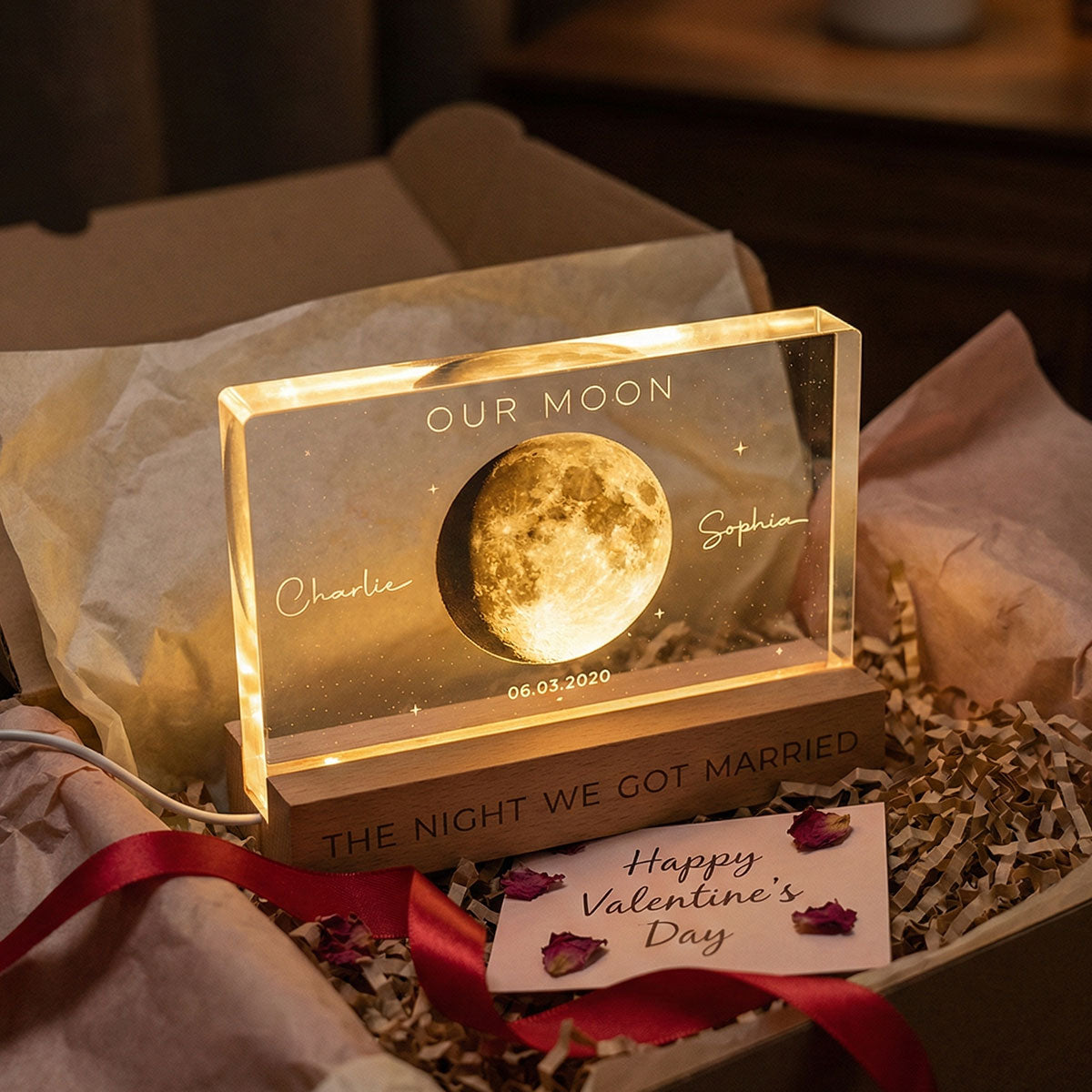 Our Moon Special Day Custom Moon Phase - Personalized Acrylic Block LED Night Light - Valentine's Day Gift For Couple