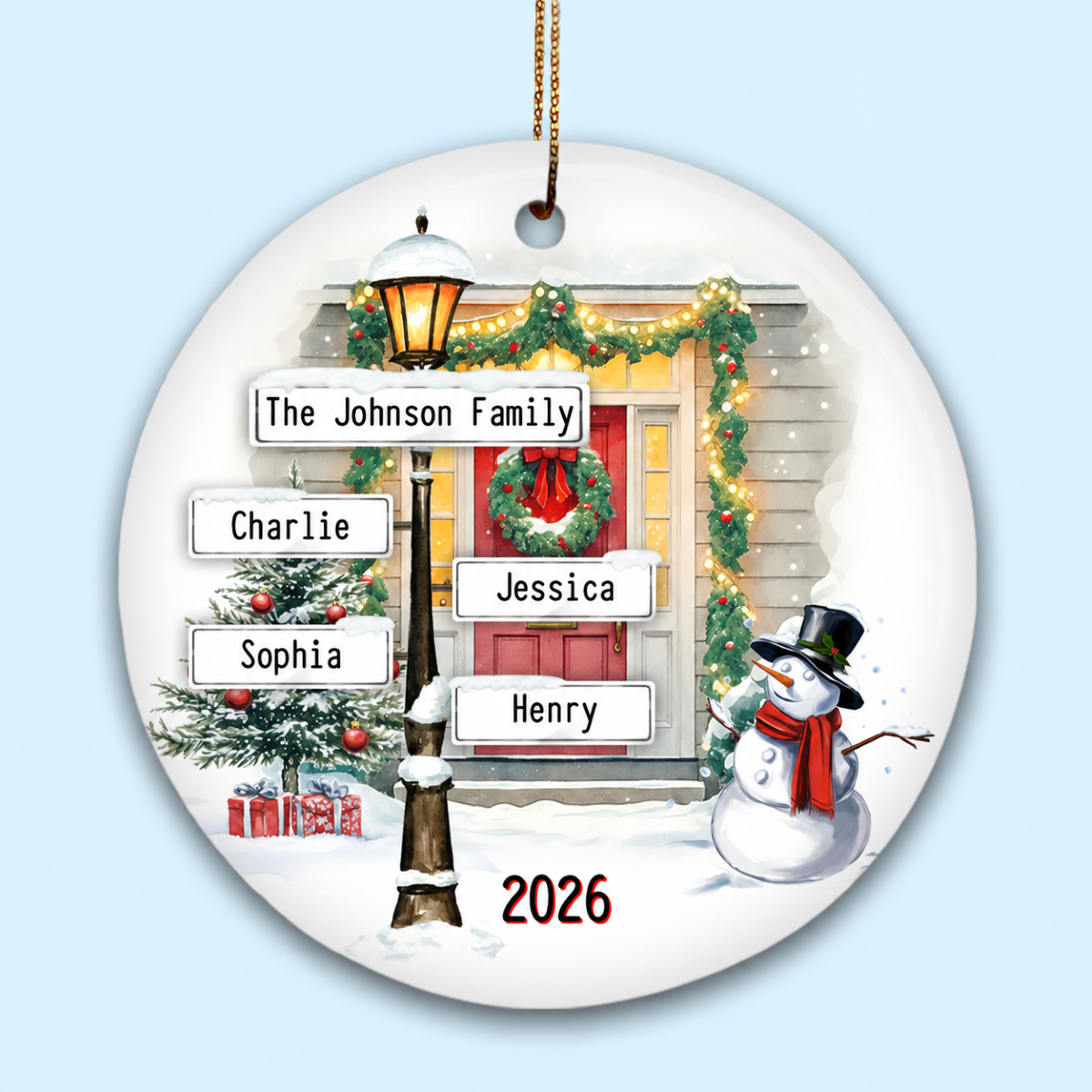 Family Christmas Street Lamp Directional Signs Personalized Ceramic Ornament, Christmas Gift For Family