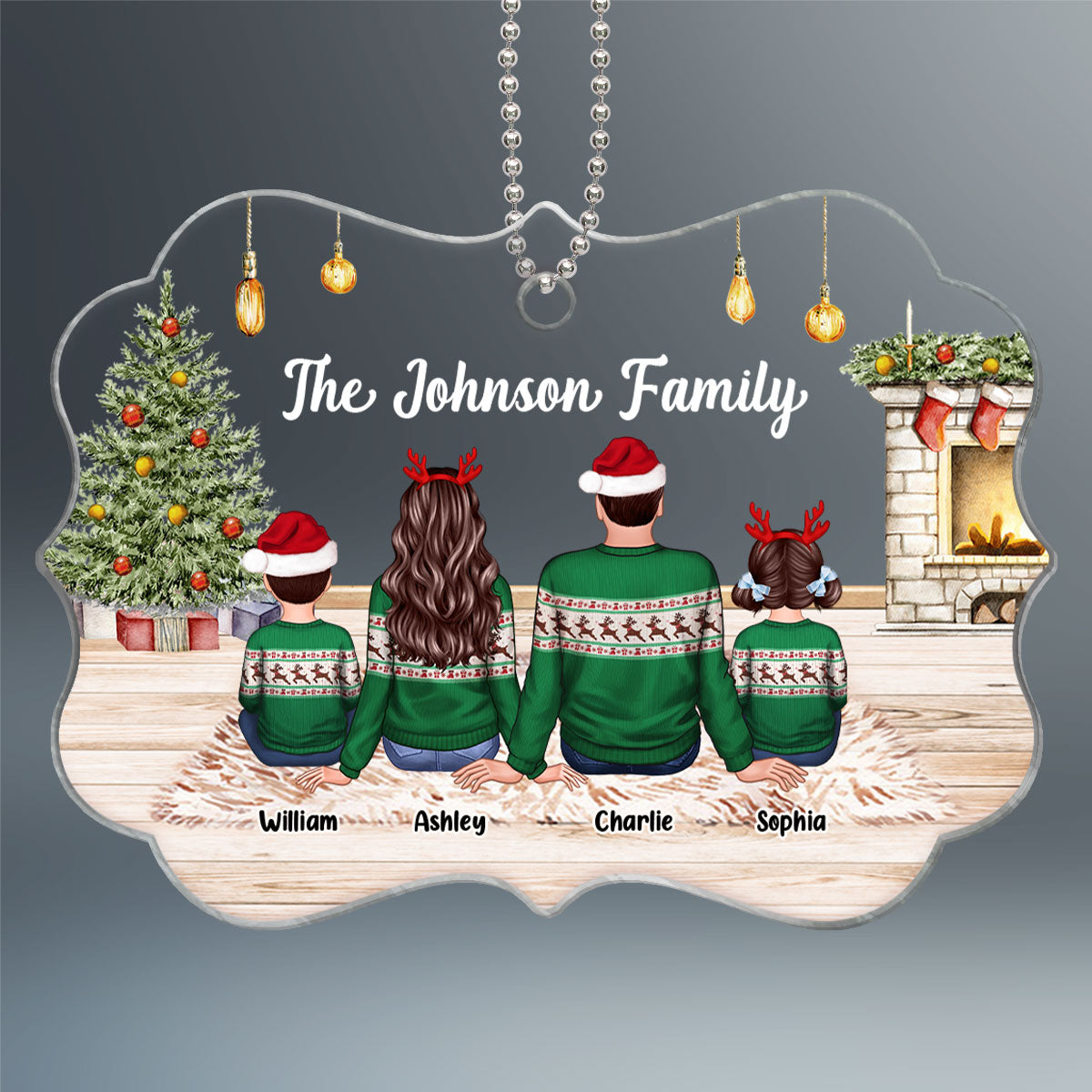 Family Back View Wearing Ugly Sweater In House Personalized Acrylic Ornament