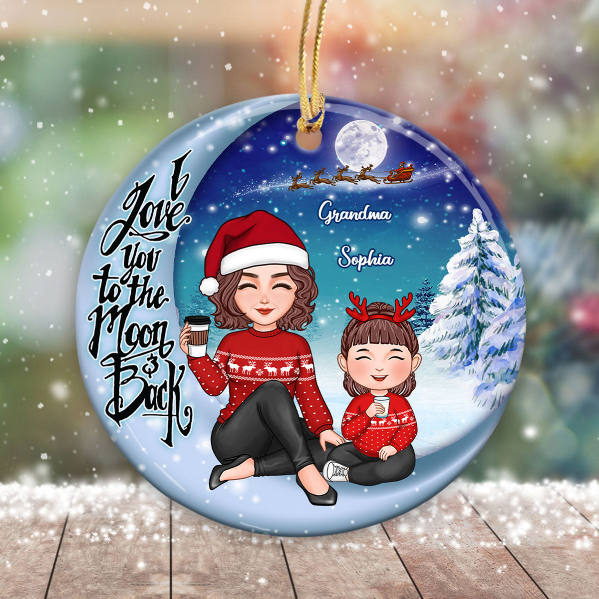 Cute Grandma Grandkid Christmas Moon Night Personalized Circle Ornament
