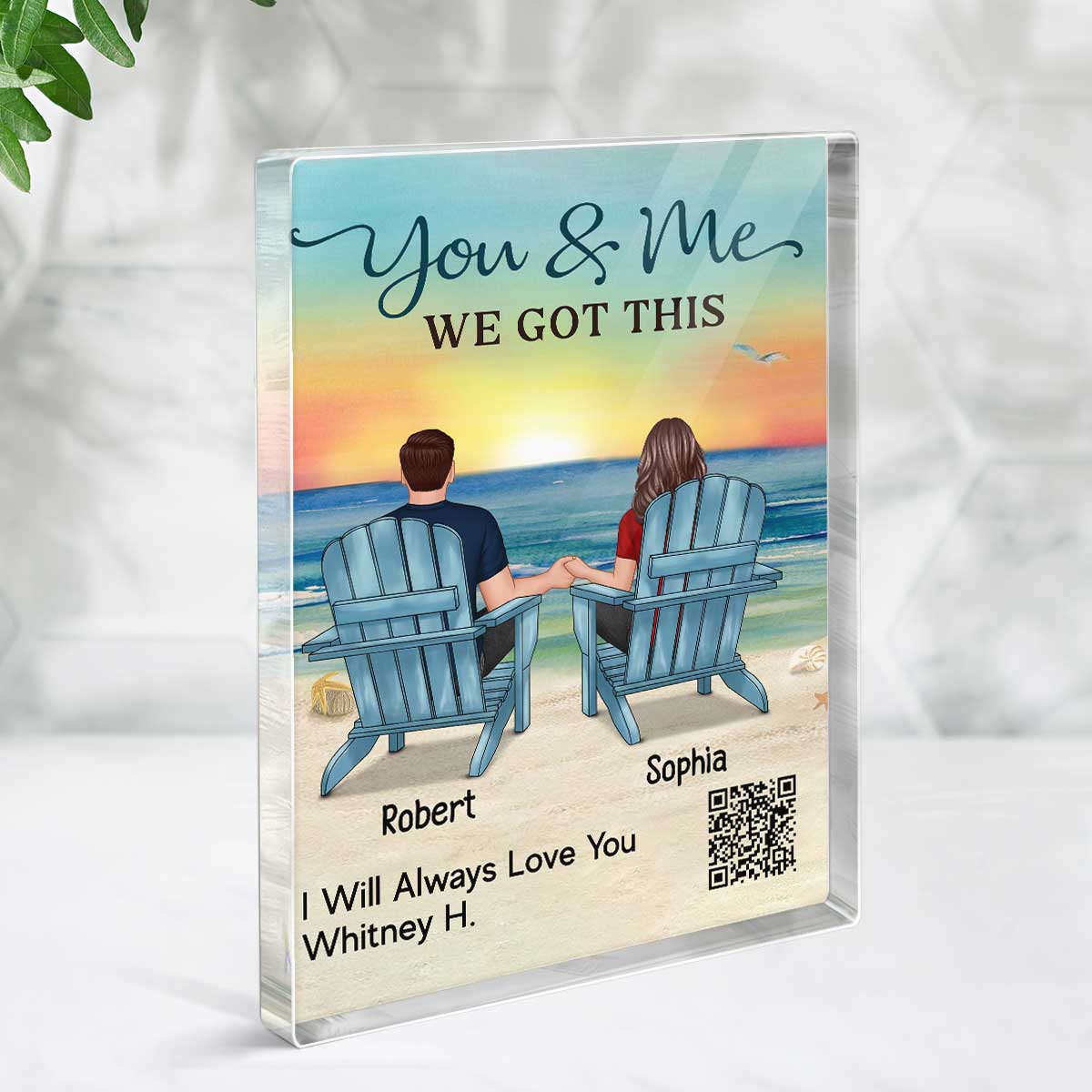 Couple Back View Sitting At Beach Favorite Song QR Code Personalized Acrylic Block Plaque