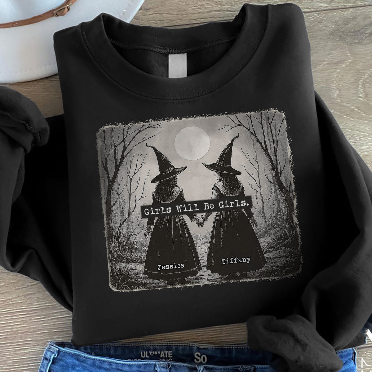 Vintage Witch Girls Will Be Girls Personalized Sweatshirt, Halloween Party Matching Shirt