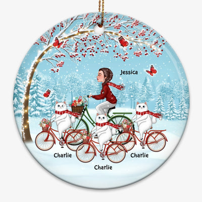 Woman And Cats Cycling Under Berry Tree Personalized Circle Ornament