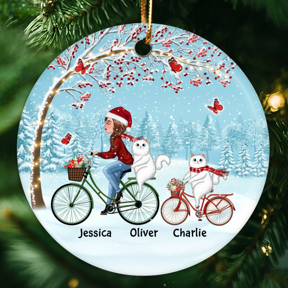 Woman And Cats Cycling Under Berry Tree Personalized Circle Ornament