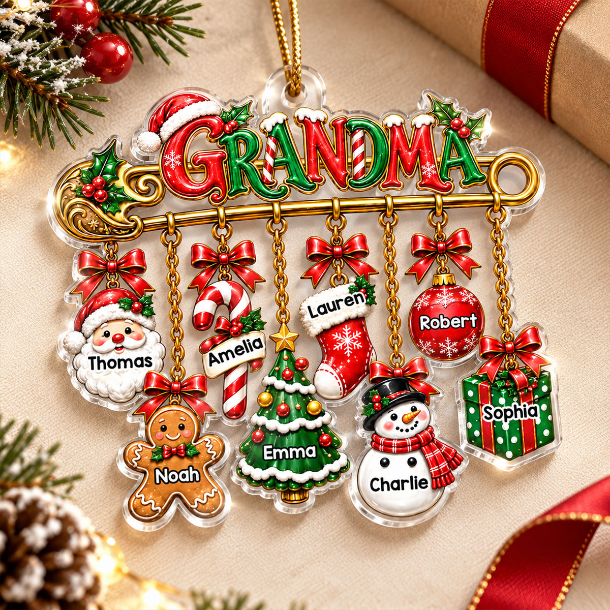 Grandma Safety Pin Christmas Charm - Personalized Acrylic Ornament - Trendy Christmas Gift for Grandma
