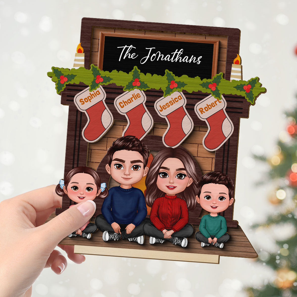 Whole Family Sitting At Christmas Fireplace Personalized 2-Layer Standing Wooden Plaque