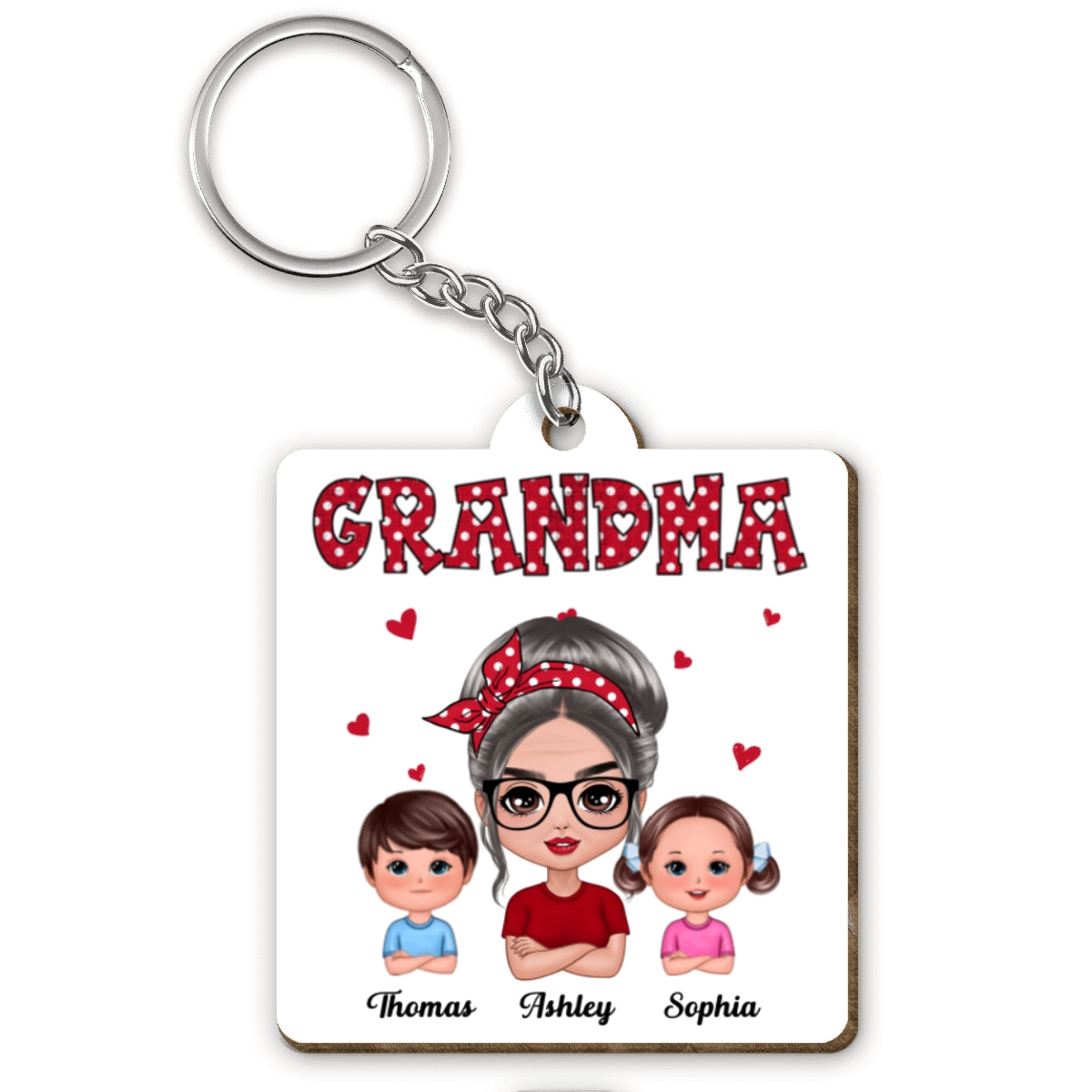 Polka Dot Pattern Grandma And Grandkids Personalized Wooden Keychain