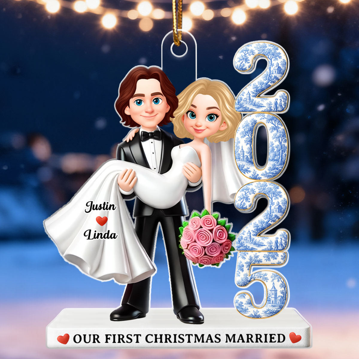 Couple First Christmas Married Toile de Jouy Style - Personalized Acrylic Ornament - Christmas Gift for Newlywed, Gift for him, Gift for her