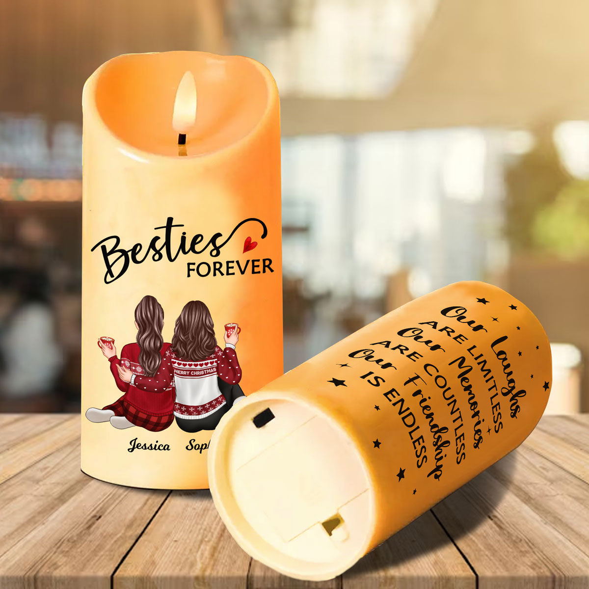 Besties Forever Message Christmas Besties Back View Personalized LED Candle