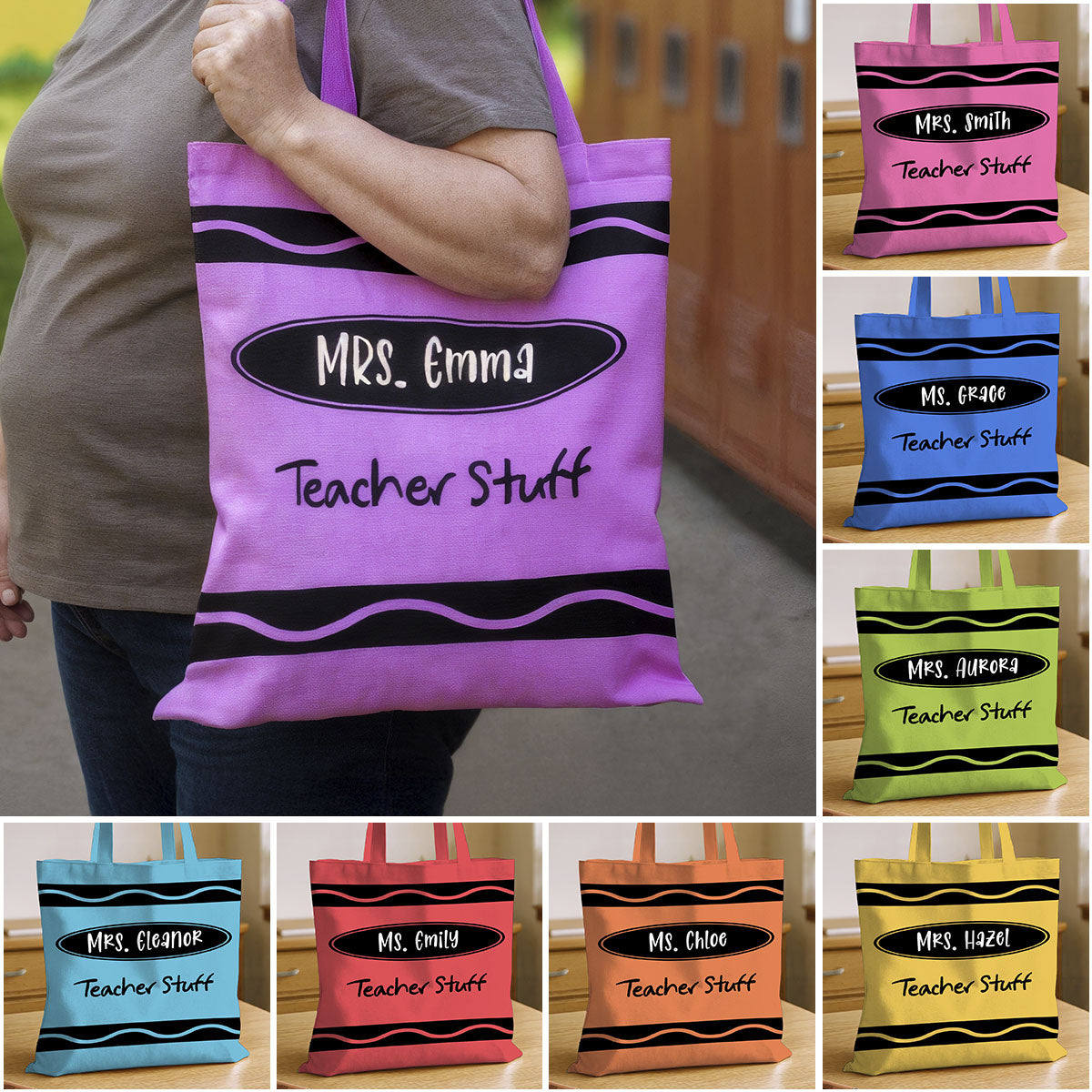 Teacher Crayon Personalized Tote Bag, Back To School Gift For Teacher
