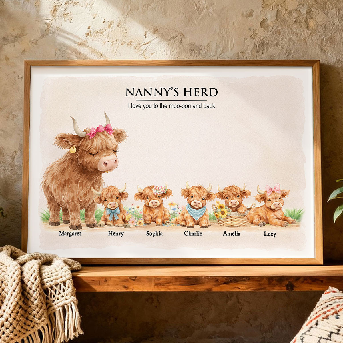 Nanny & Grandad's Herd Highland Cow Family - Personalised Poster - UK Mother's Day Gift for Grandma, Grandpa