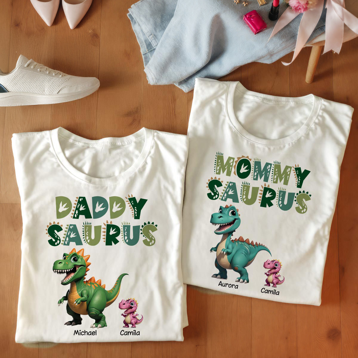 3D Effect Daddysaurus Mommysaurus Personalized Matching Shirts [Set Of 2 Shirts]