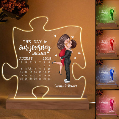 The Missing Piece Couple Kissing Anniversary Date Calendar Personalized Puzzle Shaped Acrylic Plaque With LED Night Light - Anniversary Gift For Couple - Gift For Him, Gift For Her