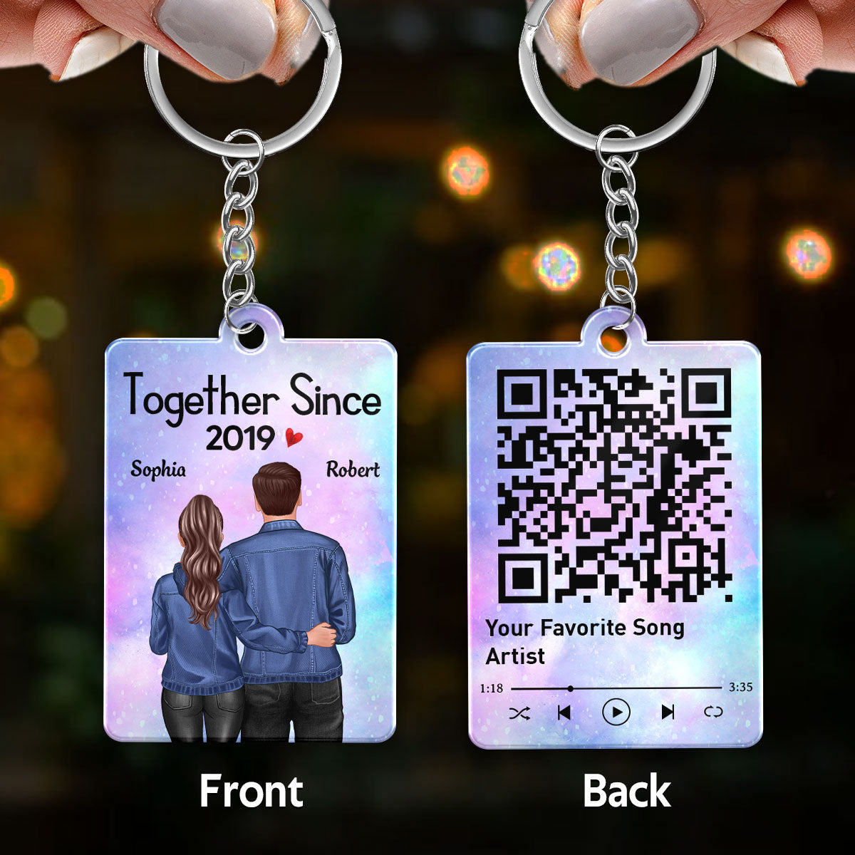 Denim Back View Couple Standing Hugging Favorite Song Scannable QR Code Personalized Acrylic Keychain